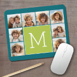 Instagram Photo Collage Monogram - Blue and Lime Mouse Pad<br><div class="desc">Vibrant Green and a Rich Teal Blue Background - You can use square or selfie photos for this design. Use 8 square photos to create a unique and personal gift. Or you can keep the hipster puppy and make a trendy keepsake. If you need to adjust the pictures, click on...</div>