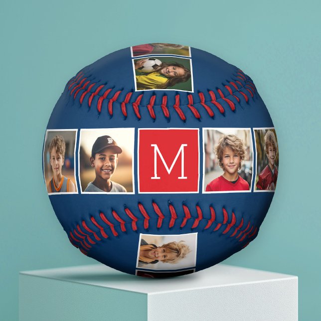 Instagram Photo Collage Monograms - Blue and Red Baseball (Custom Photo Baseball)