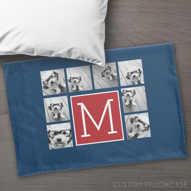 Instagram Photo Collage Monograms - Red Navy Pillowcase (Custom Pillowcase)
