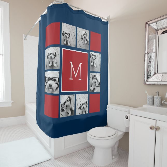 Instagram Photo Collage Monograms - Red Navy Shower Curtain (In Situ)