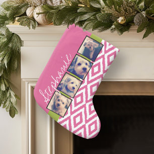 Instagram Photo Collage with Ikat hot pink name Small Christmas Stocking