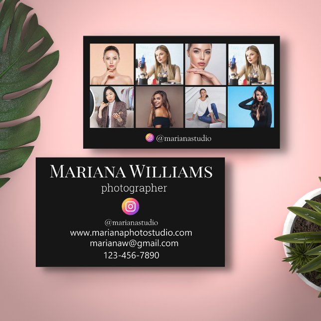 instagram photographer 8 photos collage black business card (Creator Uploaded)