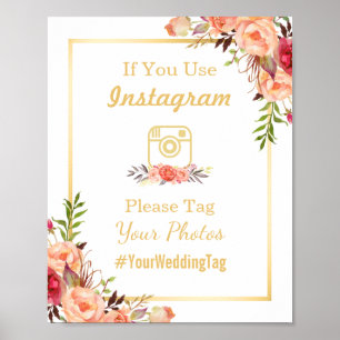 Instagram Wedding Sign Rustic Gold Orange Floral