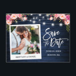 Instant Camera Blue Wood Pink Floral Save The Date Postcard<br><div class="desc">Modern Brush Script,  Instant Camera Style,  Couple Photo Save The Date Photo Engagement Announcement Postcard - Rustic Country Blue Wood,  String Lights. Includes Watercolor Pink Blush Floral with pink roses and botanical greenery.</div>