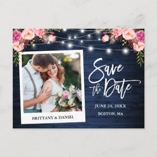 Instant Camera Blue Wood Pink Floral Save The Date Postcard