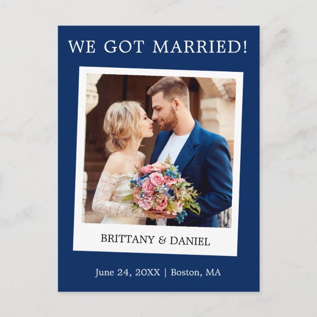 Instant Camera Photo Wedding Announcement Blue Postcard (Front)