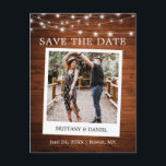 Instant Camera Photo Wood Lights Save The Date Postcard<br><div class="desc">Modern Simple Retro Instant Camera Style Couple Photo Save The Date Photo Engagement Announcement Postcard - Rustic Country Wood,  String Lights</div>