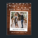 Instant Camera Photo Wood Lights Save The Date Postcard<br><div class="desc">Modern Simple Retro Instant Camera Style Couple Photo Save The Date Photo Engagement Announcement Postcard - Rustic Country Wood,  String Lights</div>
