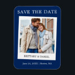 Instant Camera Style Photo Save The Date Blue Magnet<br><div class="desc">Modern Simple Retro Instant Camera Style Couple Photo Save The Date Photo Engagement Announcement Magnet - Navy Blue</div>