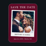Instant Camera Style Photo Save The Date Burgundy Magnet<br><div class="desc">Modern Simple Retro Instant Camera Style Couple Photo Save The Date Photo Engagement Announcement Magnet - Burgundy</div>