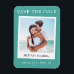 Instant Camera Style Photo Save The Date Teal Magnet<br><div class="desc">Modern Simple Retro Instant Camera Style Couple Photo Save The Date Photo Engagement Announcement Magnet - Teal</div>
