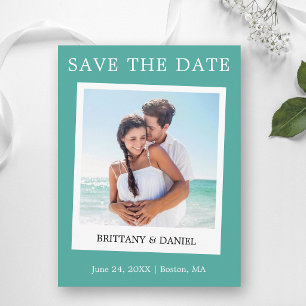Instant Camera Style Photo Save The Date Teal Postcard