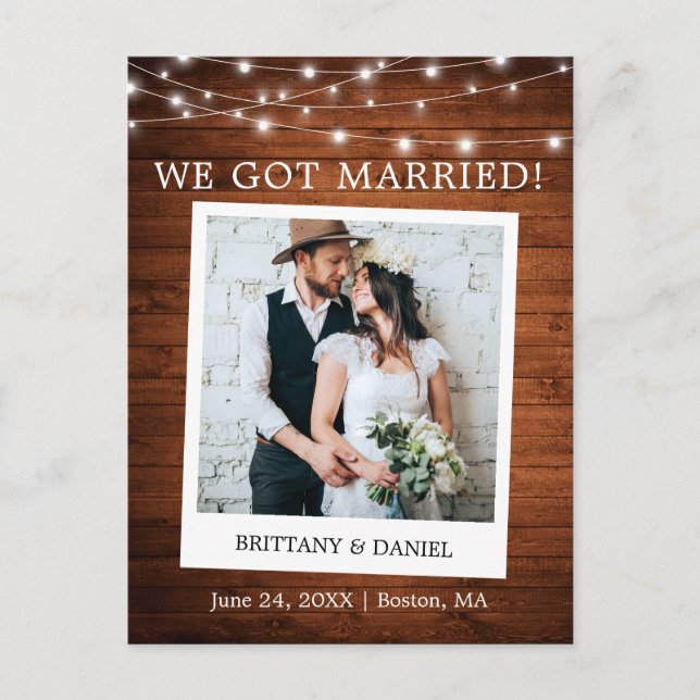 Instant Camera Wood Lights Wedding Announcement Postcard (Front)