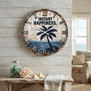 Instant Happiness Coastal Beach House Palm Tree Large Clock
