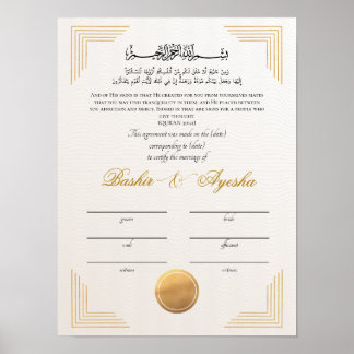 Instant Modern Gold Nikkah Marriage Certificate Poster