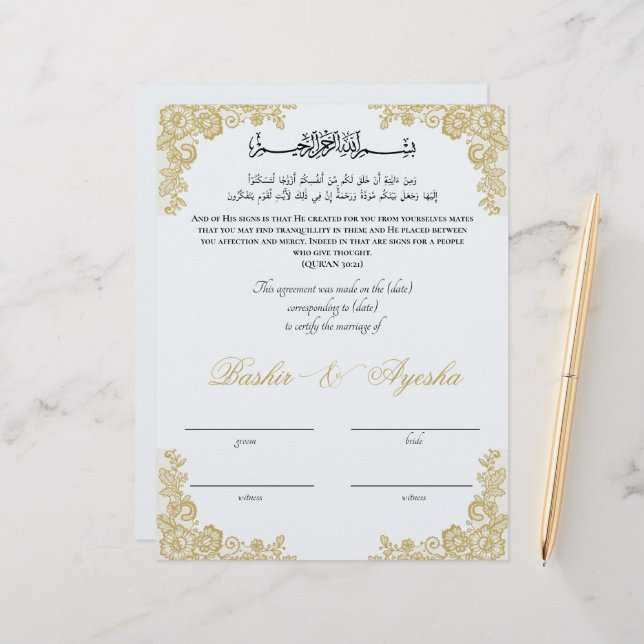 Instant Personalised Nikkah Marriage Certificate  (Front/Back In Situ)