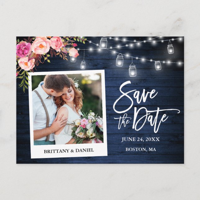 Instant Photo Blue Wood Floral Jars Save The Date Postcard (Front)