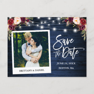 Instant Photo Blue Wood Floral Save The Date Postcard