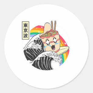 Instant Ramen Noodles Surfing Japanese Wave Rainbo Classic Round Sticker