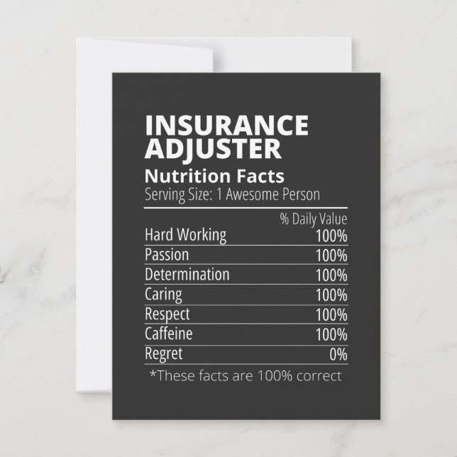 Insurance Adjuster Nutrition Facts Funny Thank You Card (Front)