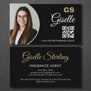 Insurance Agent Black Gold Photo QR Code  Business Card