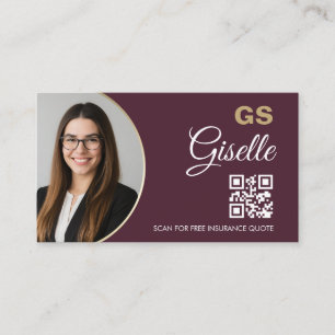 Insurance Agent Burgundy Gold Photo QR Code Business Card