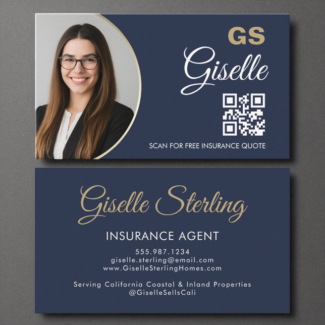 Insurance Agent Navy Blue Gold Photo QR Code  Business Card (Creator Uploaded)