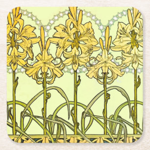 intage Alphonse Mucha Art Nouveau Lily Pattern Square Paper Coaster