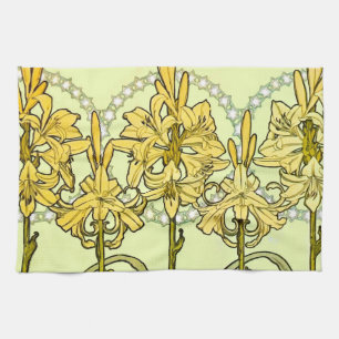 intage Alphonse Mucha Art Nouveau Lily Pattern Tea Towel