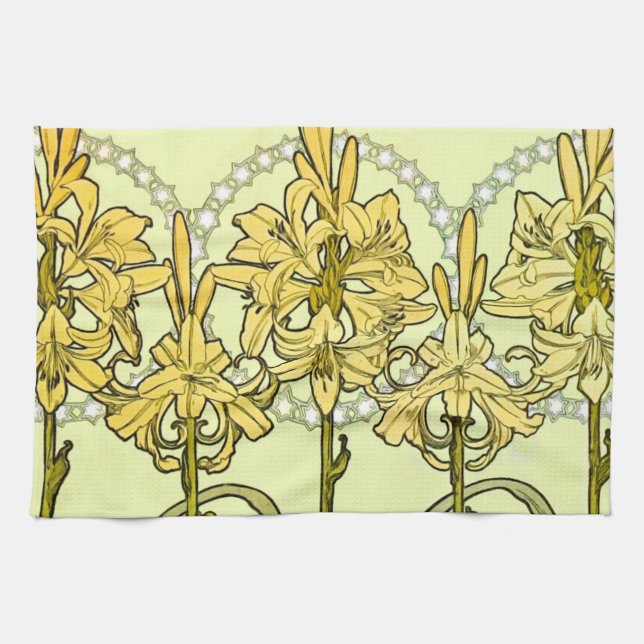 intage Alphonse Mucha Art Nouveau Lily Pattern Tea Towel (Horizontal)