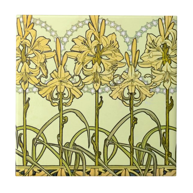 intage Alphonse Mucha Art Nouveau Lily Pattern Tile (Front)