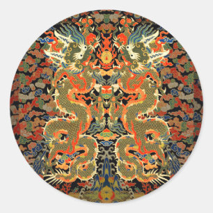 intage Chinese Dragon Textile Print Asian Art Classic Round Sticker