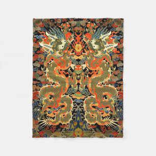 intage Chinese Dragon Textile Print Asian Art Fleece Blanket