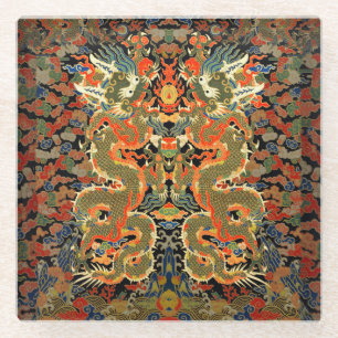 intage Chinese Dragon Textile Print Asian Art Glass Coaster