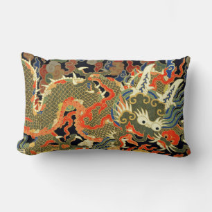 intage Chinese Dragon Textile Print Asian Art Lumbar Cushion