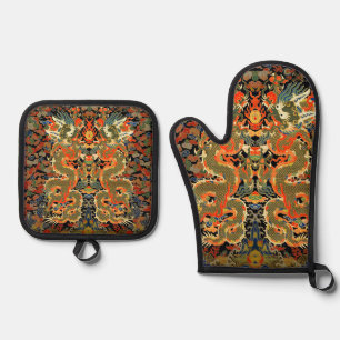 intage Chinese Dragon Textile Print Asian Art Oven Mitt & Pot Holder Set