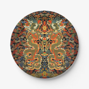 intage Chinese Dragon Textile Print Asian Art Paper Plate