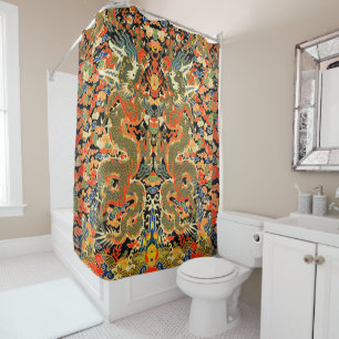 intage Chinese Dragon Textile Print Asian Art Shower Curtain