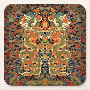 intage Chinese Dragon Textile Print Asian Art Square Paper Coaster