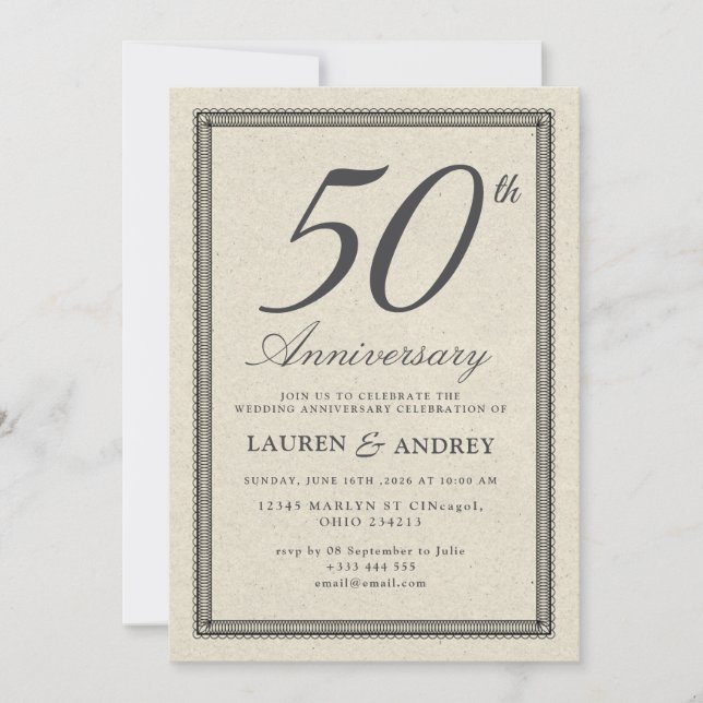 intage Minimalist 50th Wedding Anniversary Invitation (Front)