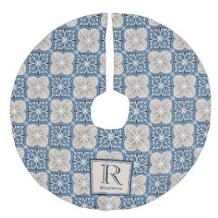 Integret Italian Tile Pattern with Monogram Faux Linen Tree Skirt