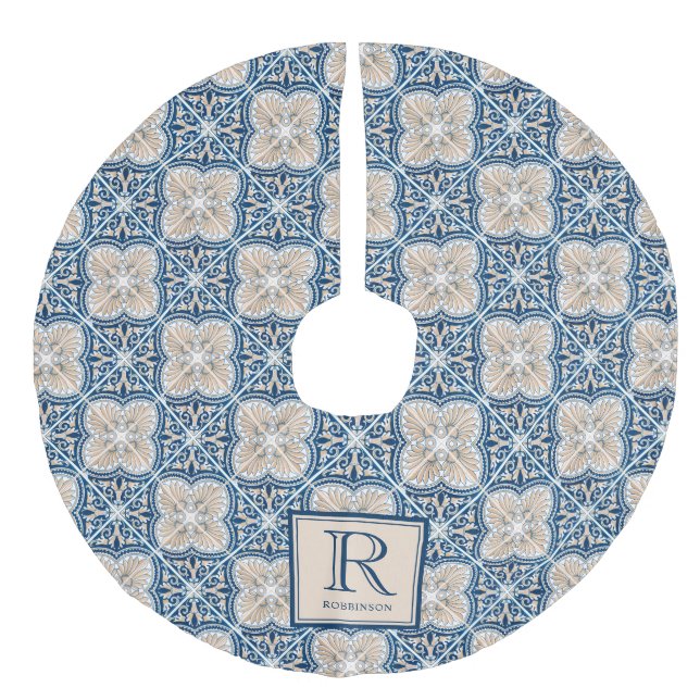 Integret  Italian Tile Pattern with Monogram  Faux Linen Tree Skirt (Front)