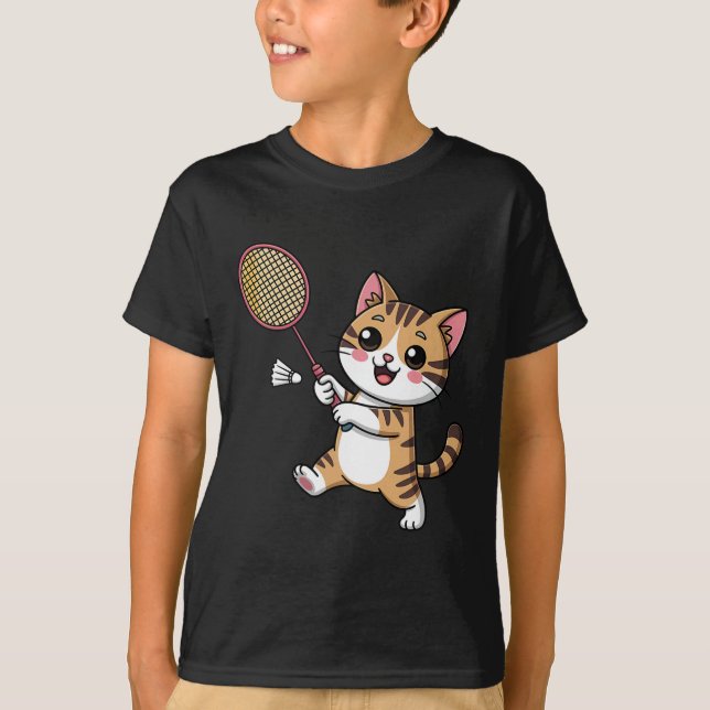 Intelligent Cat Playing Dminton Funny Humourous  T-Shirt (Front)