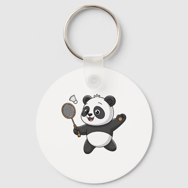 Intelligent Panda Playing Badminton Funny Humourou Key Ring (Front)