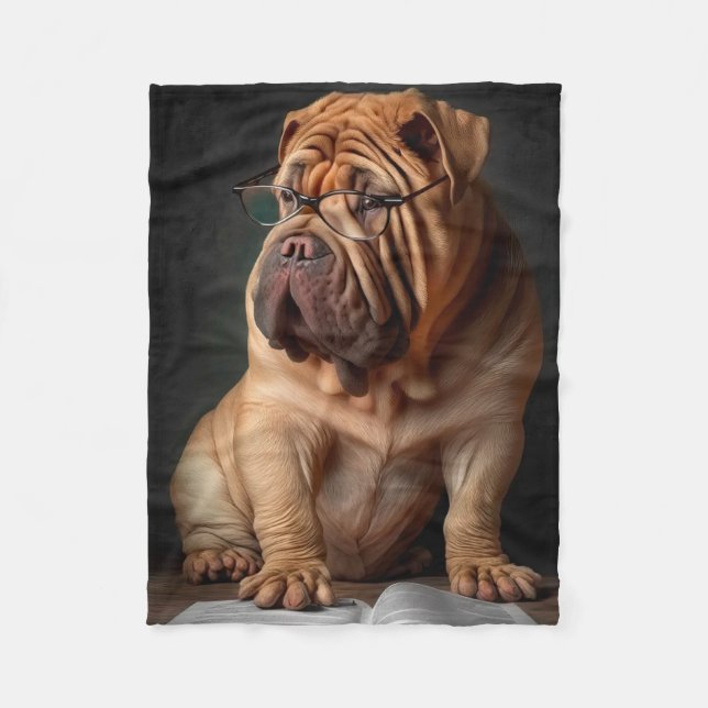 Intelligent Shar Pei Dog with Book Design Fleece Blanket (Front)