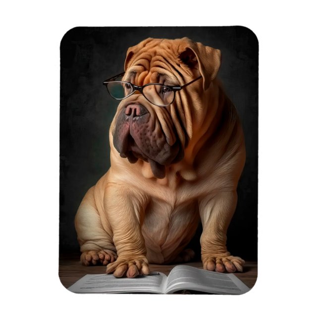 Intelligent Shar Pei Dog with Book Design Magnet (Vertical)