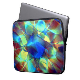 Intense blue digital flower contrasting with brown laptop sleeve
