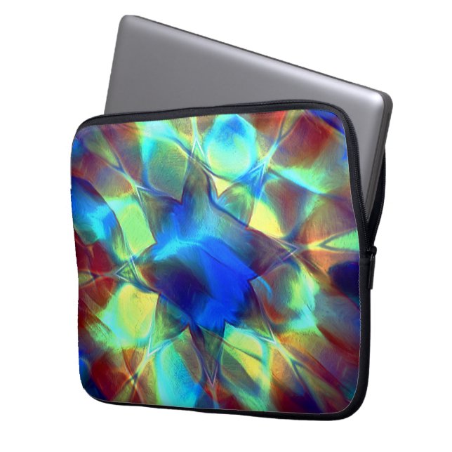 Intense blue digital flower contrasting with brown laptop sleeve (Front Left)