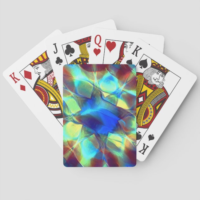 Intense blue digital flower contrasting with brown playing cards (Back)