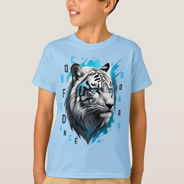 Intense Blue Eyes: Black-Striped White Tiger T-Shirt (Front)